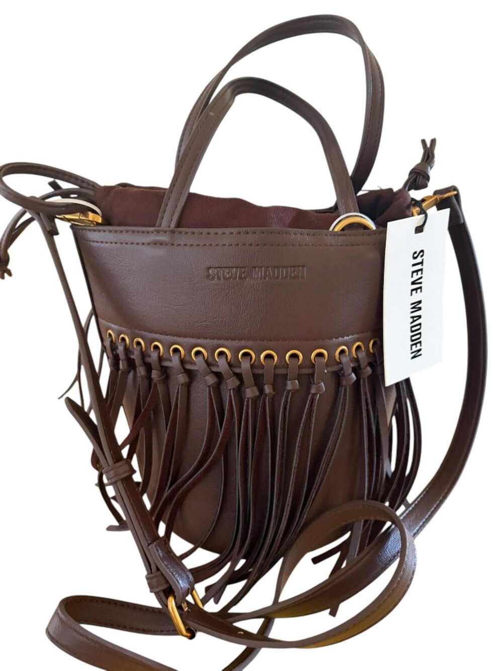 Steve Madden Boho Fringe Bucket Bag in "Chocolate Brown" w/drawstring closure
